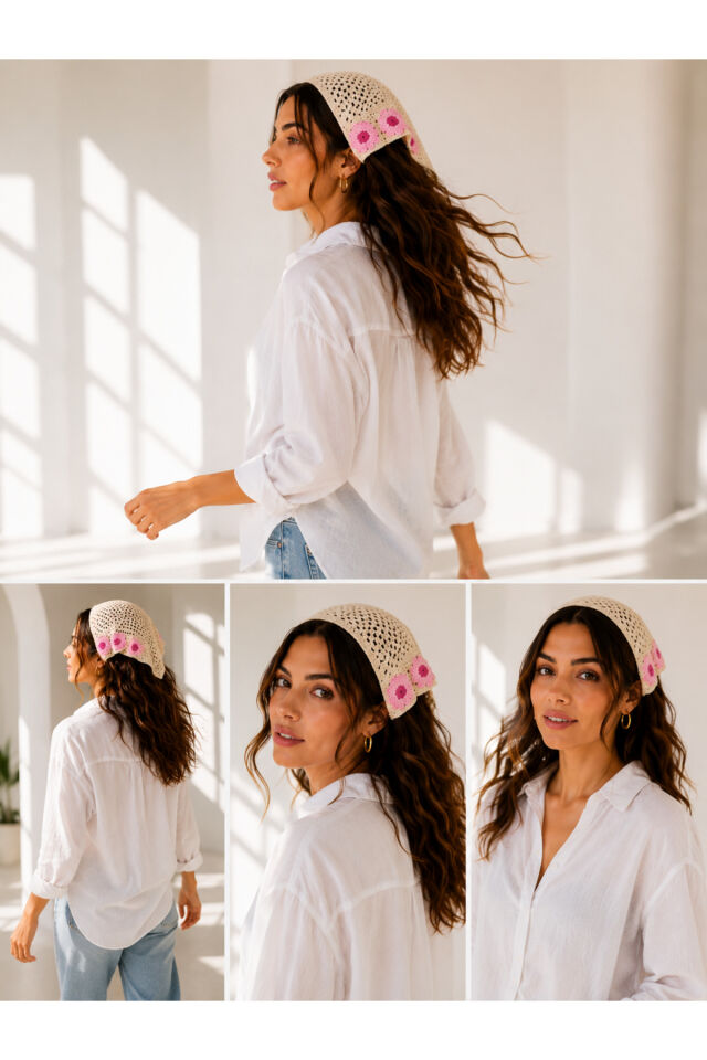 Kadın Örgü Bandana Çiçek Motifli Yazlık Bohem Saç Bandanası Beyazpempe