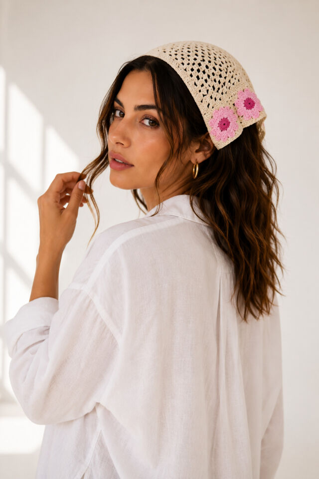 Kadın Örgü Bandana Çiçek Motifli Yazlık Bohem Saç Bandanası Beyazpempe
