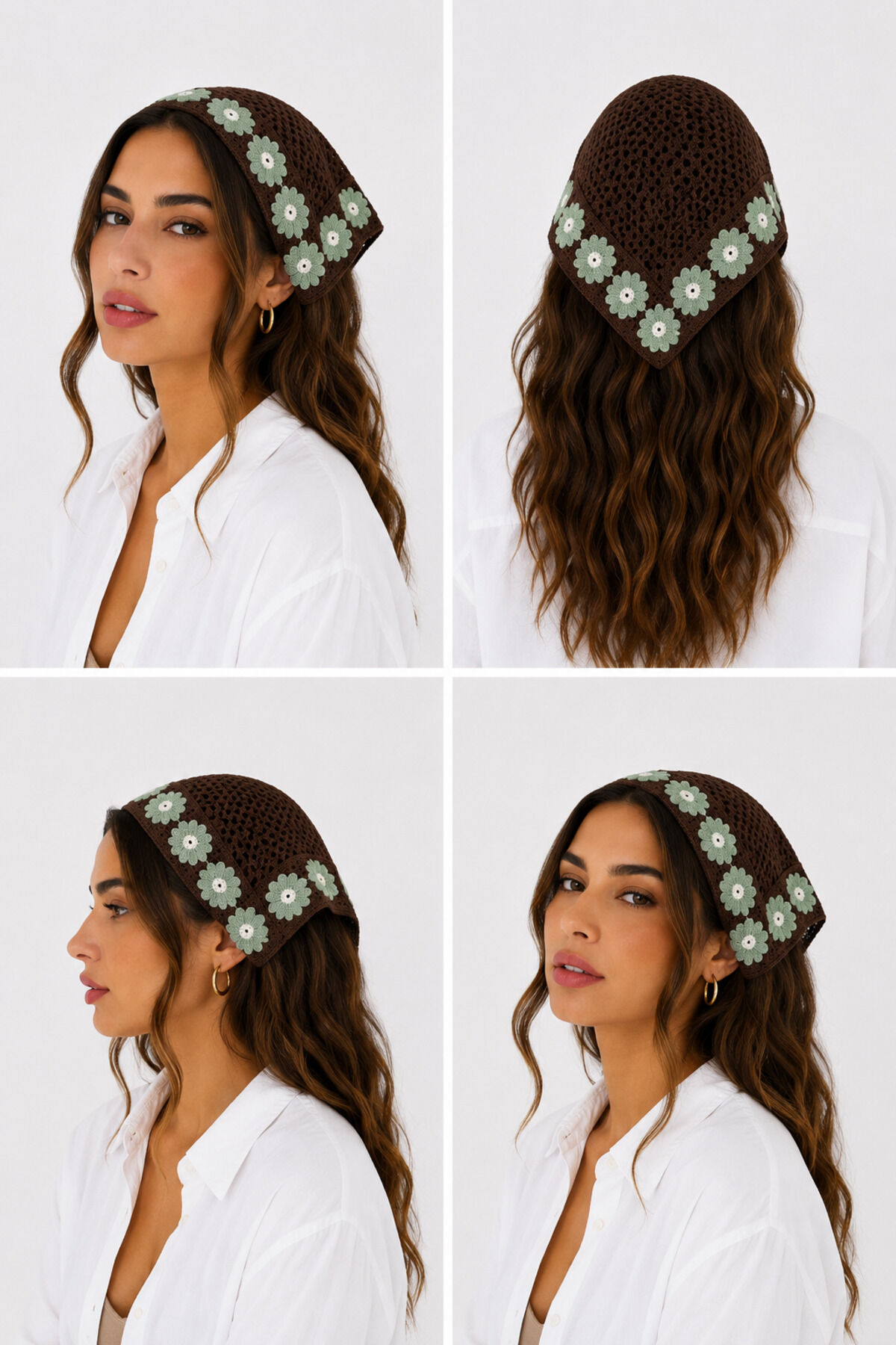 Kadın Örgü Bandana Çiçek Motifli Yazlık Bohem Saç Bandanası Kahverengi