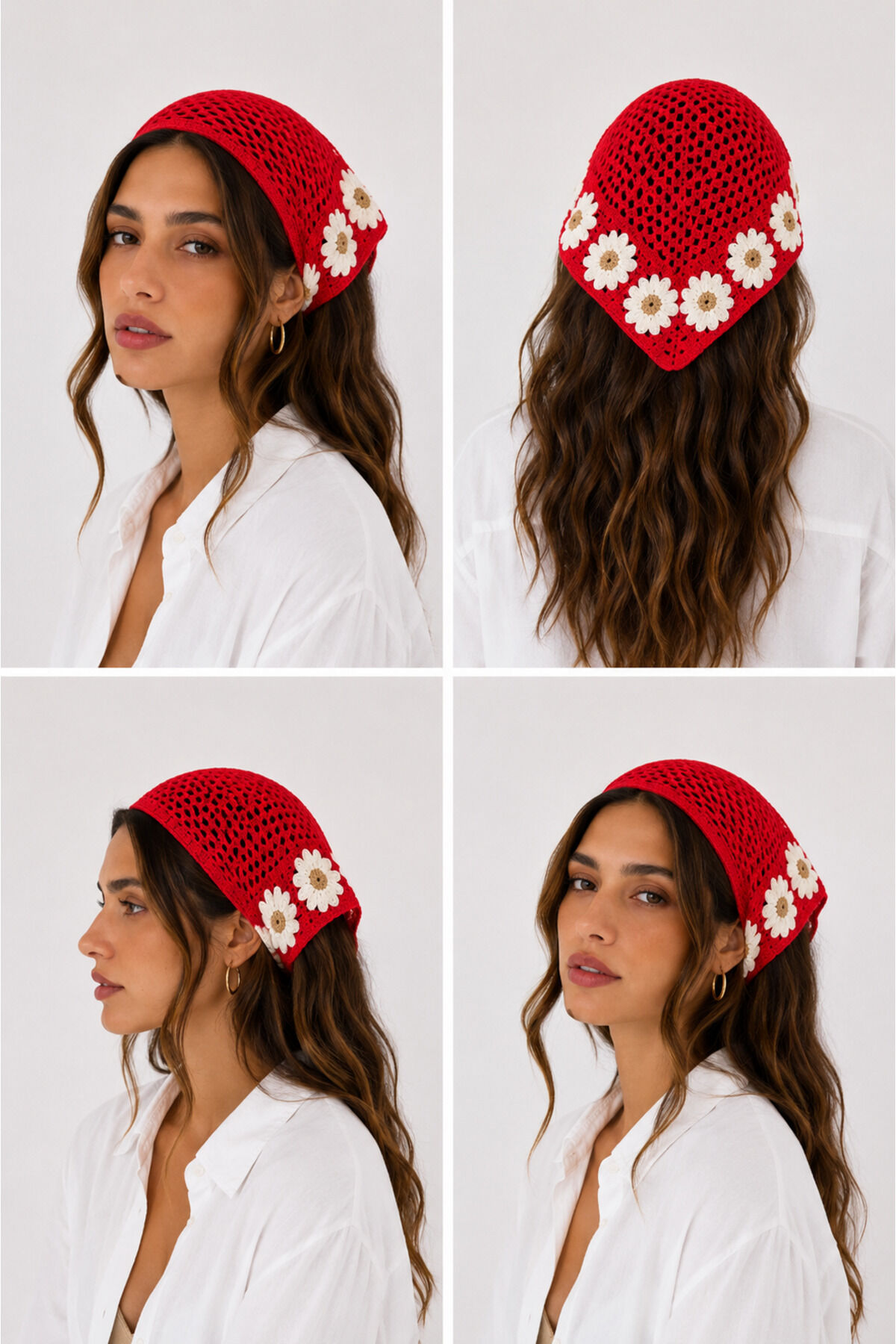 Kadın Örgü Bandana Çiçek Motifli Yazlık Bohem Saç Bandanası Kırmızı