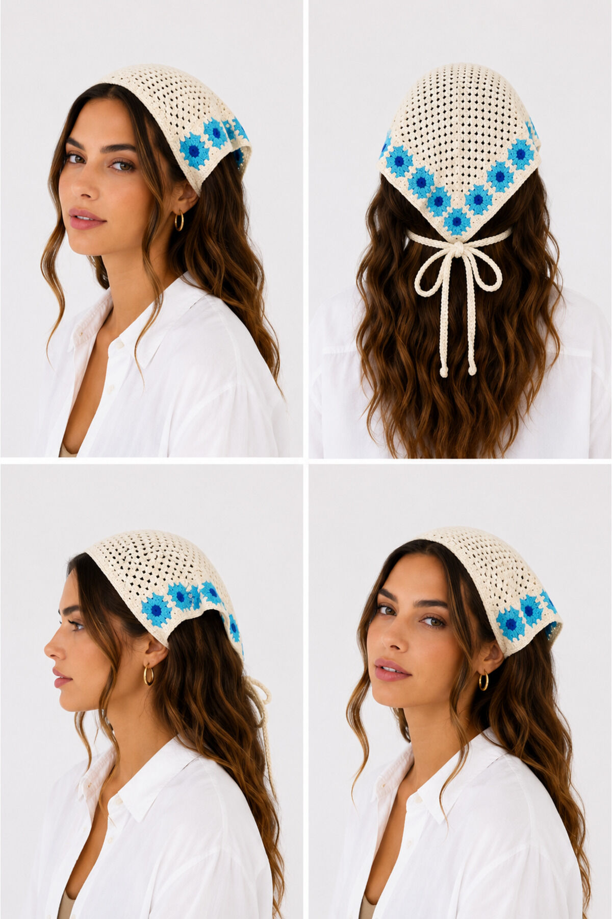 Kadın Örgü Bandana Çiçek Motifli Yazlık Bohem Saç Bandanası Beyazmavi