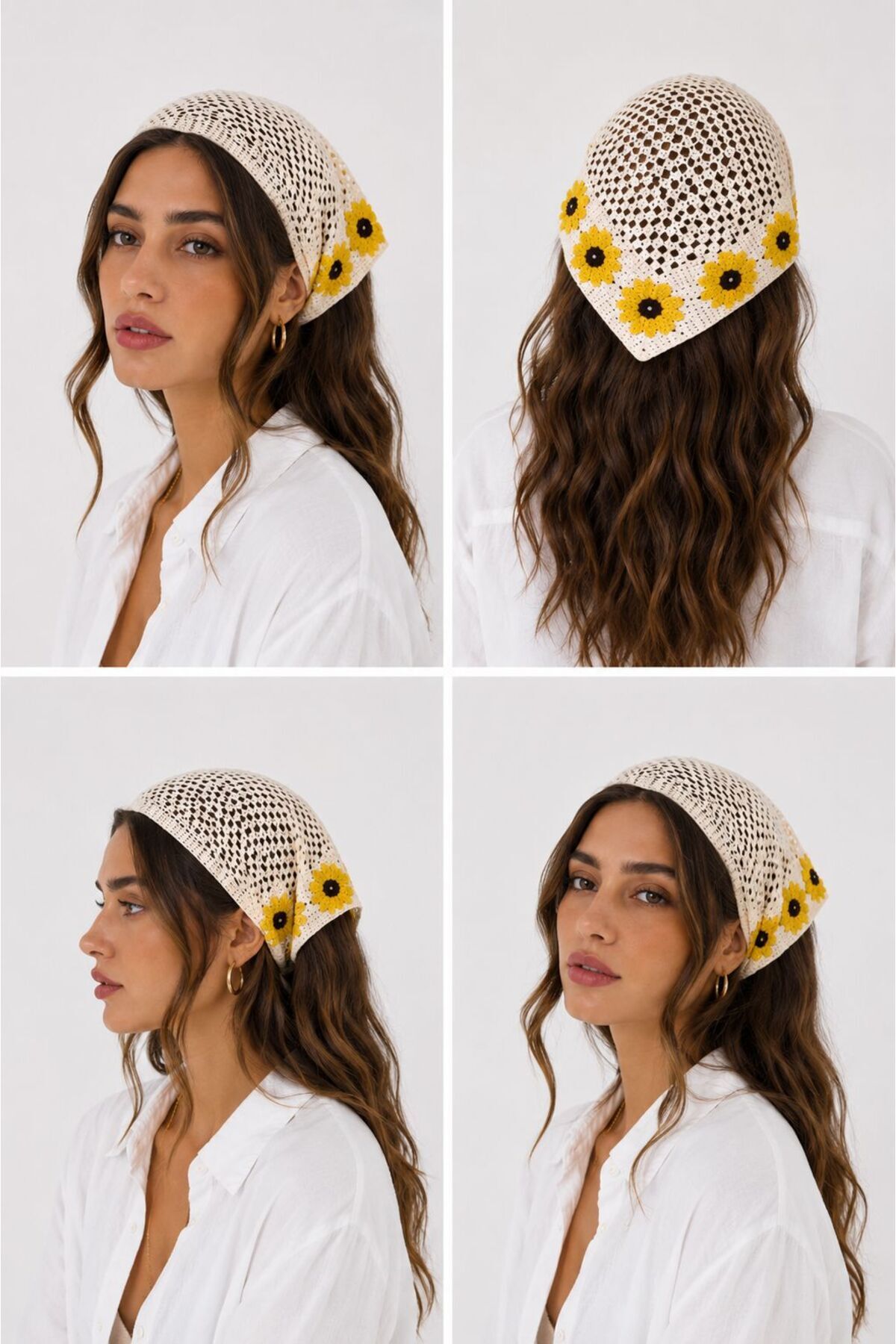 Kadın Örgü Bandana Çiçek Motifli Yazlık Bohem Saç Bandanası Beyazs