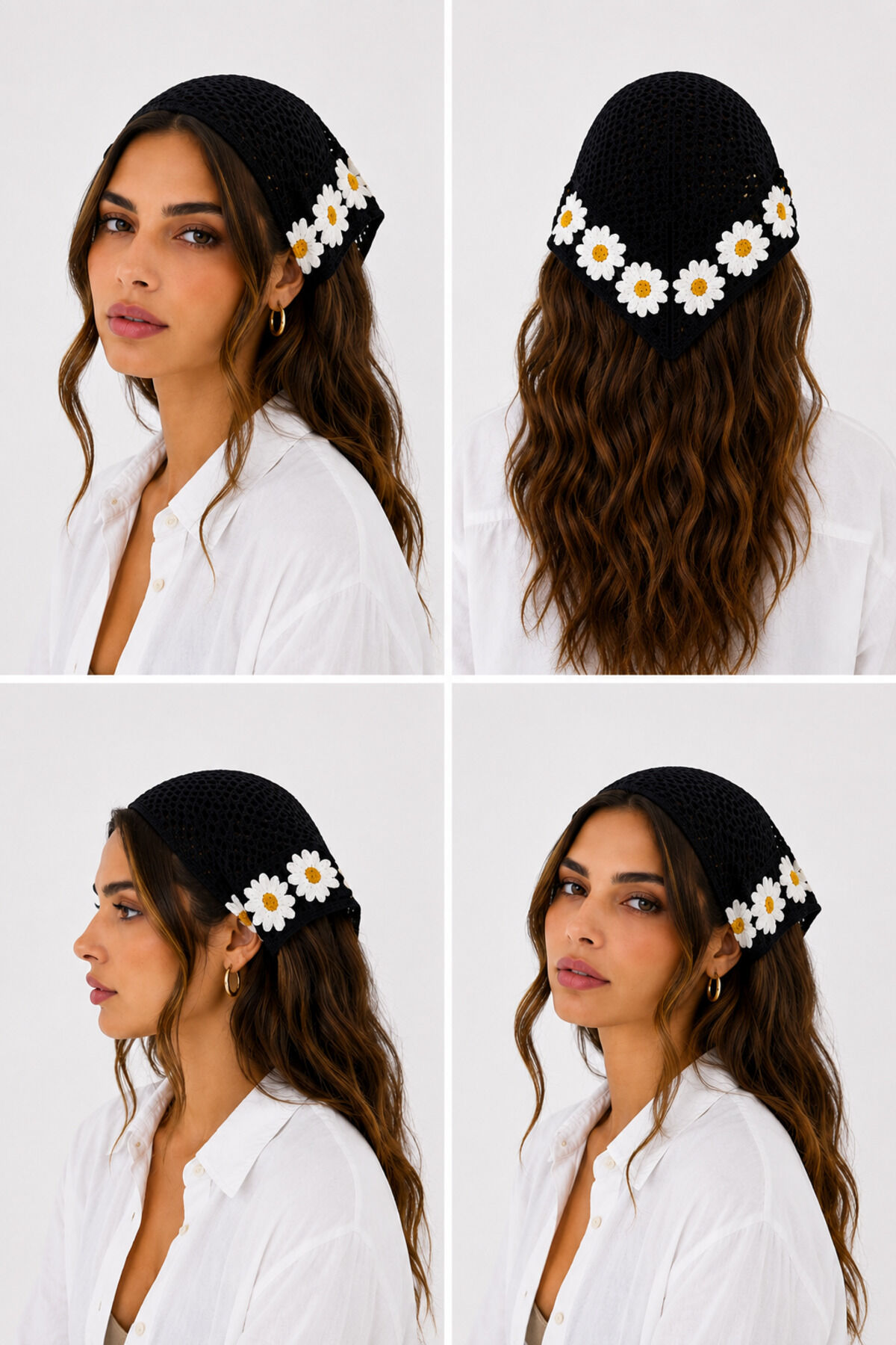Kadın Örgü Bandana Çiçek Motifli Yazlık Bohem Saç Bandanası Siyah
