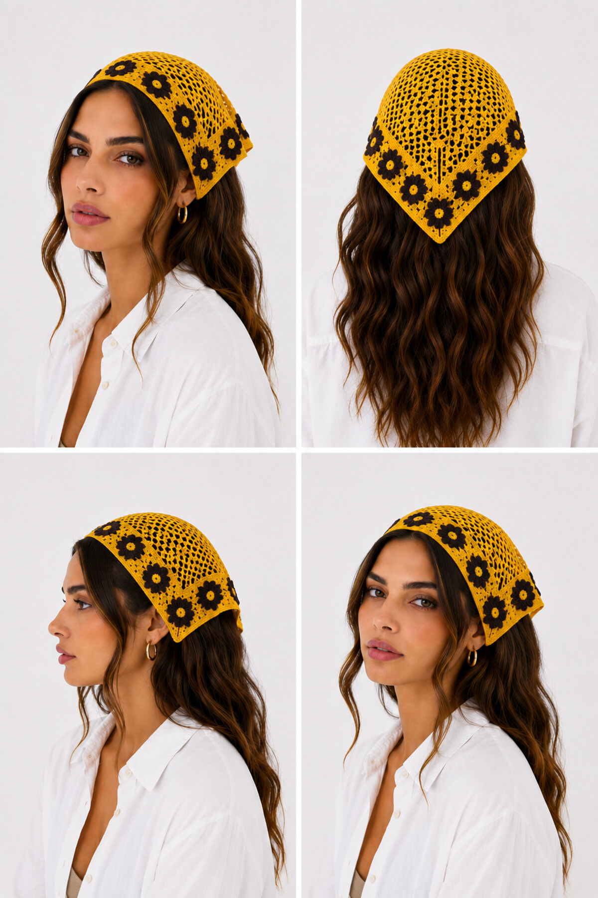 Kadın Örgü Bandana Çiçek Motifli Yazlık Bohem Saç Bandanası Sarıs