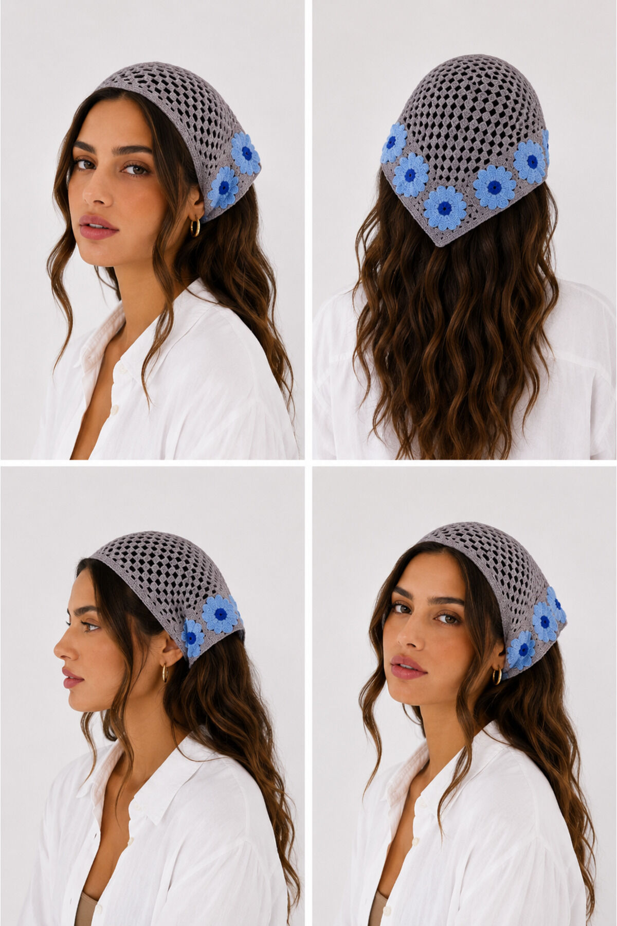 Kadın Örgü Bandana Çiçek Motifli Yazlık Bohem Saç Bandanası Gri