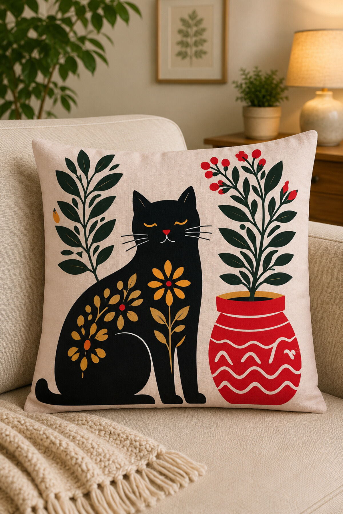 Dijital Baskılı Dekoratif Kırlent Kılıfı 43x43 cm – Modern Desenli Keten Dokulu Bej36