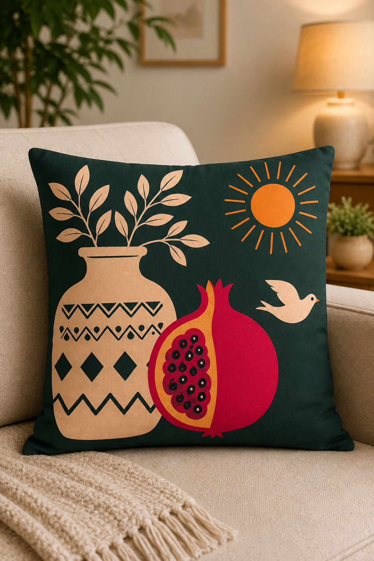 Dijital Baskılı Dekoratif Kırlent Kılıfı 43x43 cm – Modern Desenli Keten Dokulu Bej34
