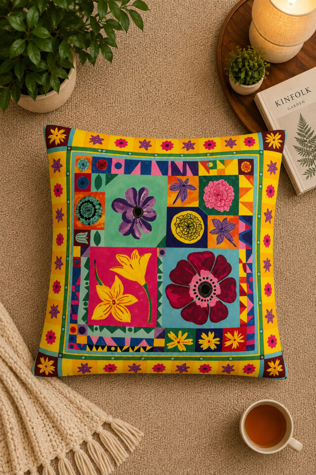 Dijital Baskılı Dekoratif Kırlent Kılıfı 43x43 cm – Modern Desenli Keten Dokulu Bej44