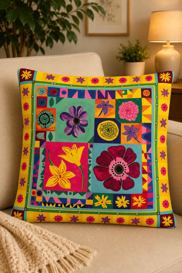 Dijital Baskılı Dekoratif Kırlent Kılıfı 43x43 cm – Modern Desenli Keten Dokulu Bej44