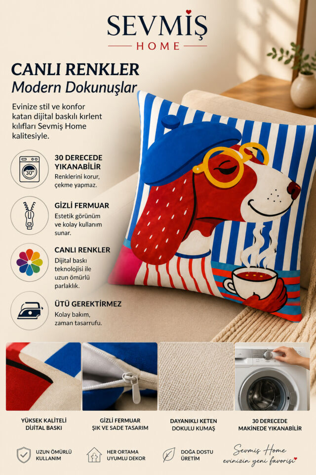 Dijital Baskılı Dekoratif Kırlent Kılıfı 43x43 cm – Modern Desenli Keten Dokulu Bej41