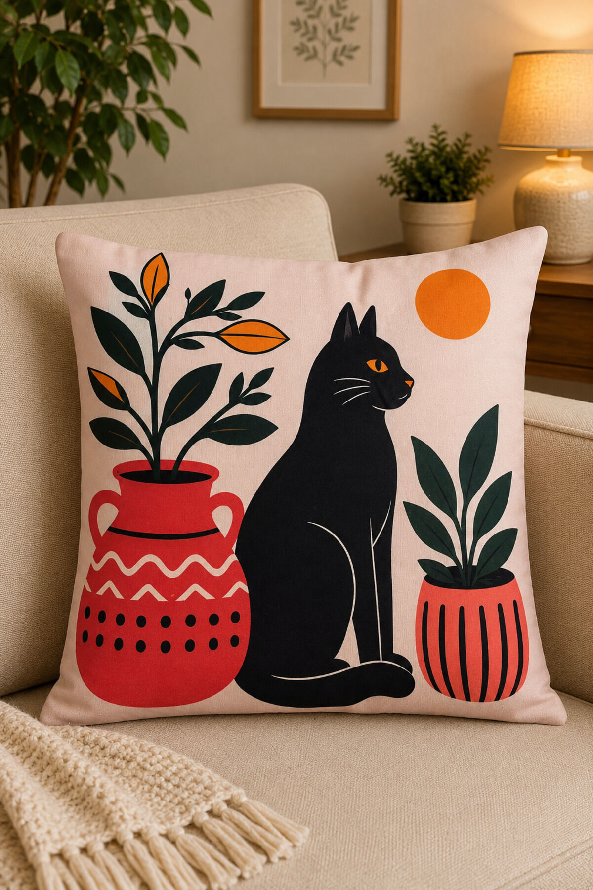 Dijital Baskılı Dekoratif Kırlent Kılıfı 43x43 cm – Modern Desenli Keten Dokulu Bej41