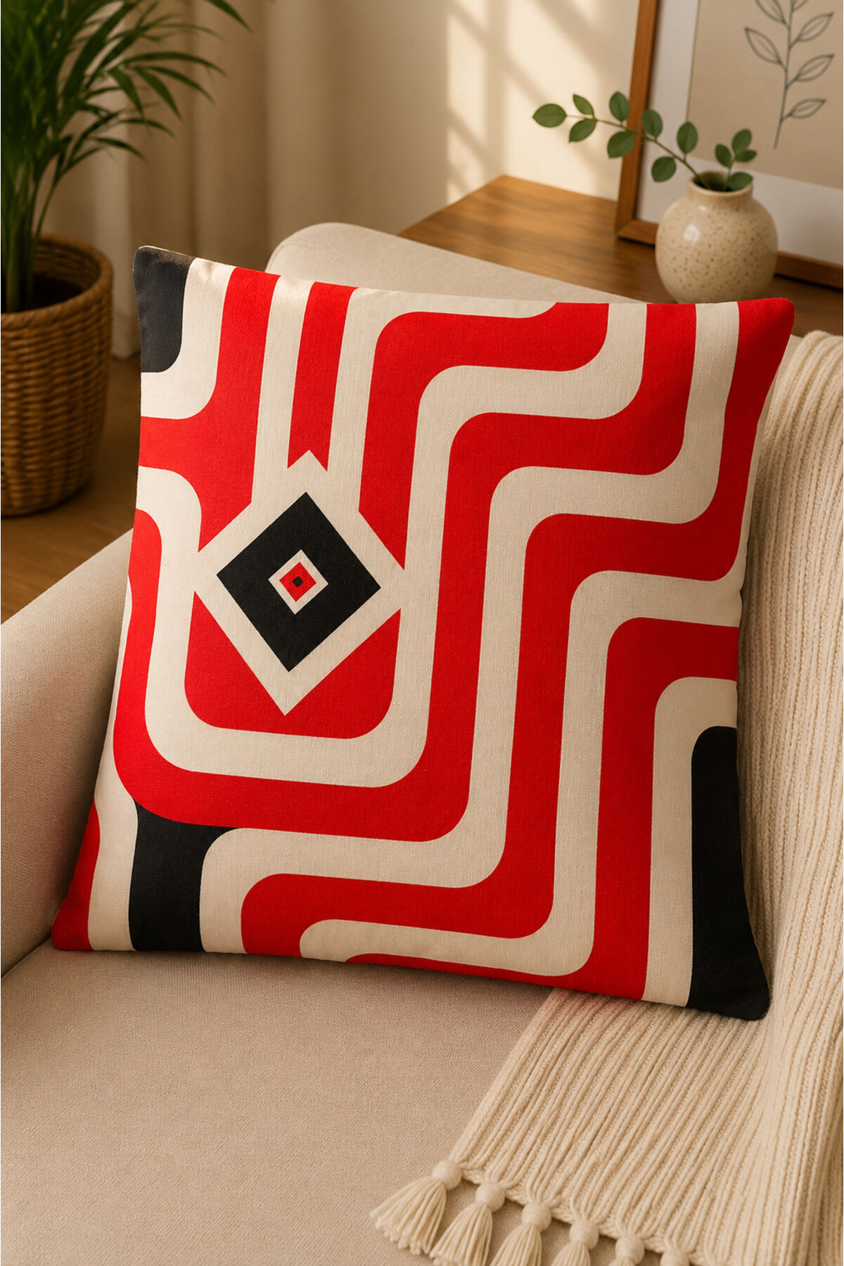 Dijital Baskılı Dekoratif Kırlent Kılıfı 43x43 cm – Modern Desenli Keten Dokulu Bej47