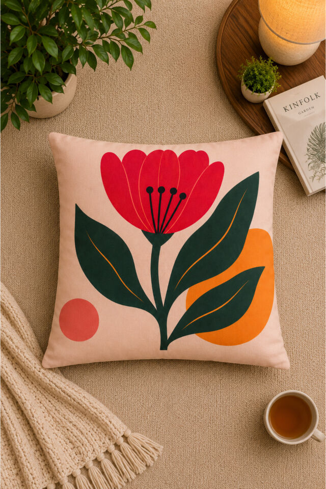 Dijital Baskılı Dekoratif Kırlent Kılıfı 43x43 cm – Modern Desenli Keten Dokulu Bej40