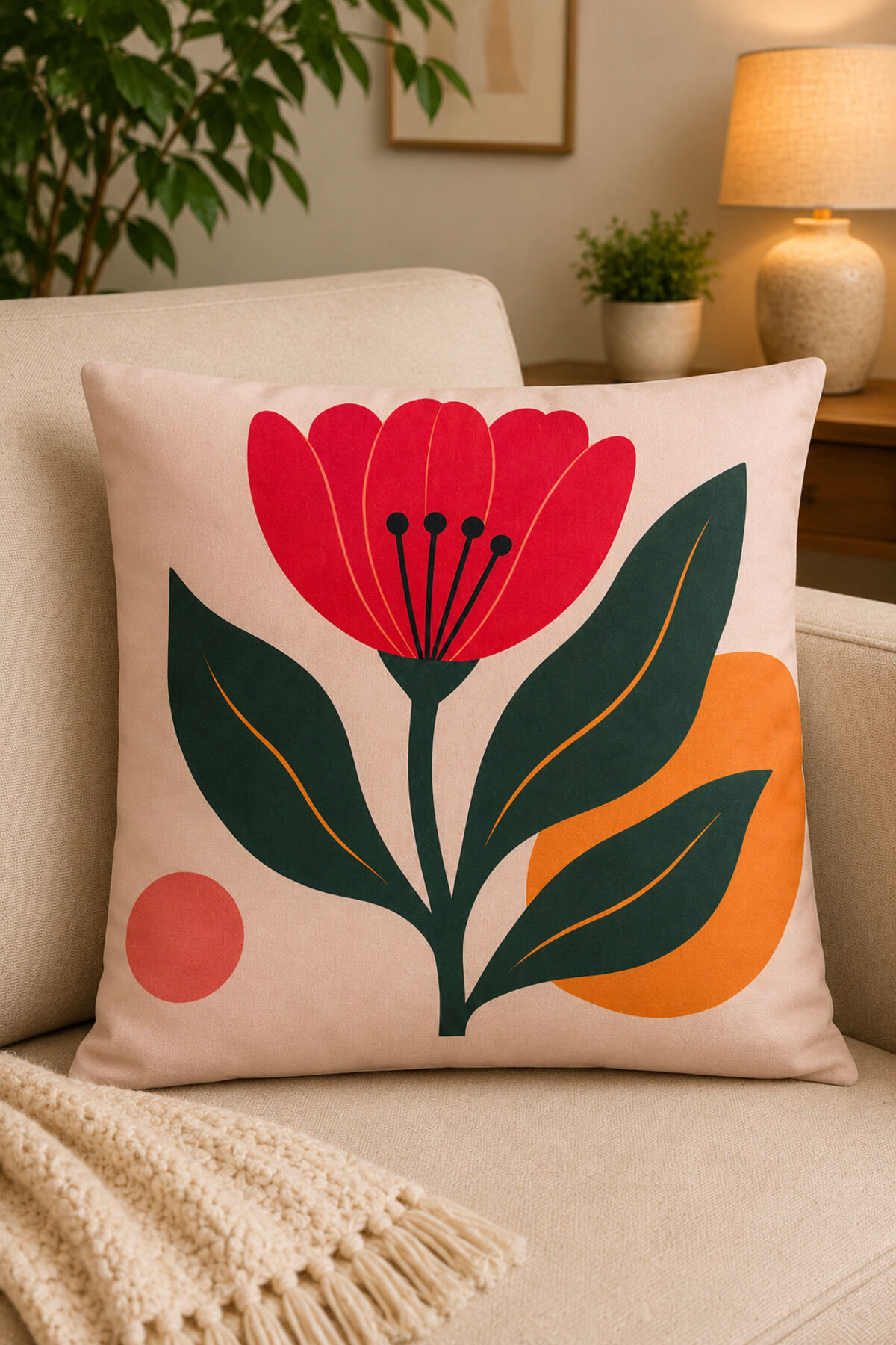 Dijital Baskılı Dekoratif Kırlent Kılıfı 43x43 cm – Modern Desenli Keten Dokulu Bej40