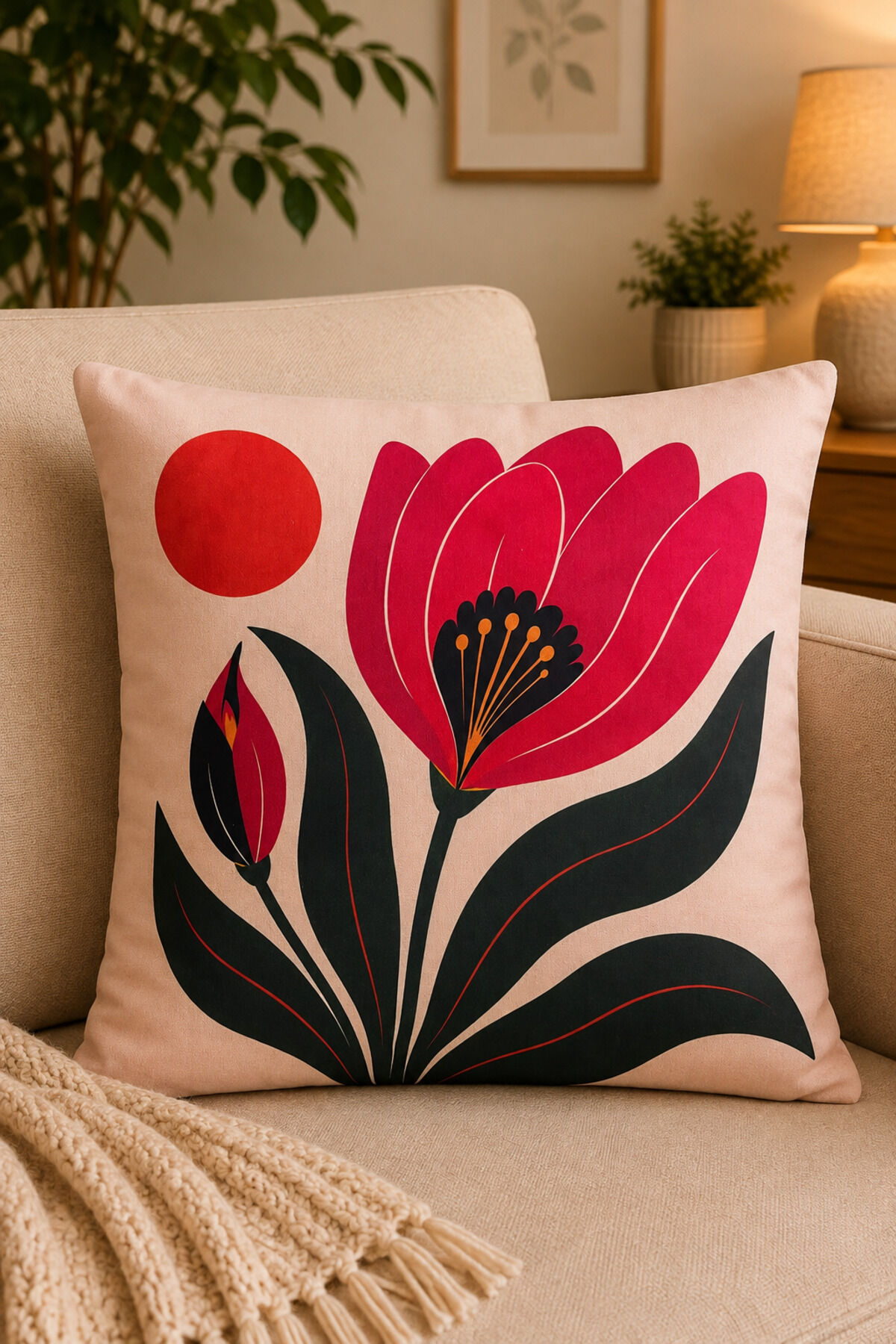 Dijital Baskılı Dekoratif Kırlent Kılıfı 43x43 cm – Modern Desenli Keten Dokulu Bej39