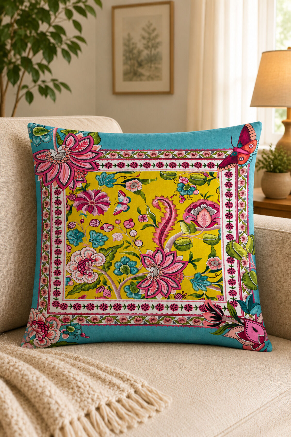 Dijital Baskılı Dekoratif Kırlent Kılıfı 43x43 cm – Modern Desenli Keten Dokulu Bej33
