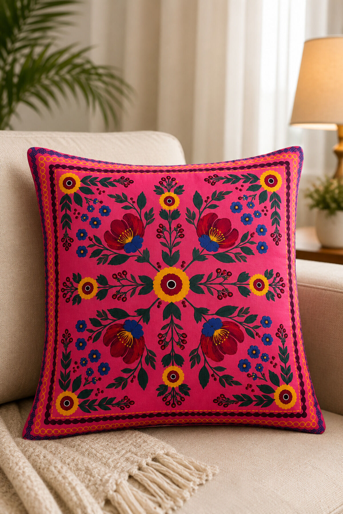 Dijital Baskılı Dekoratif Kırlent Kılıfı 43x43 cm – Modern Desenli Keten Dokulu Bej31