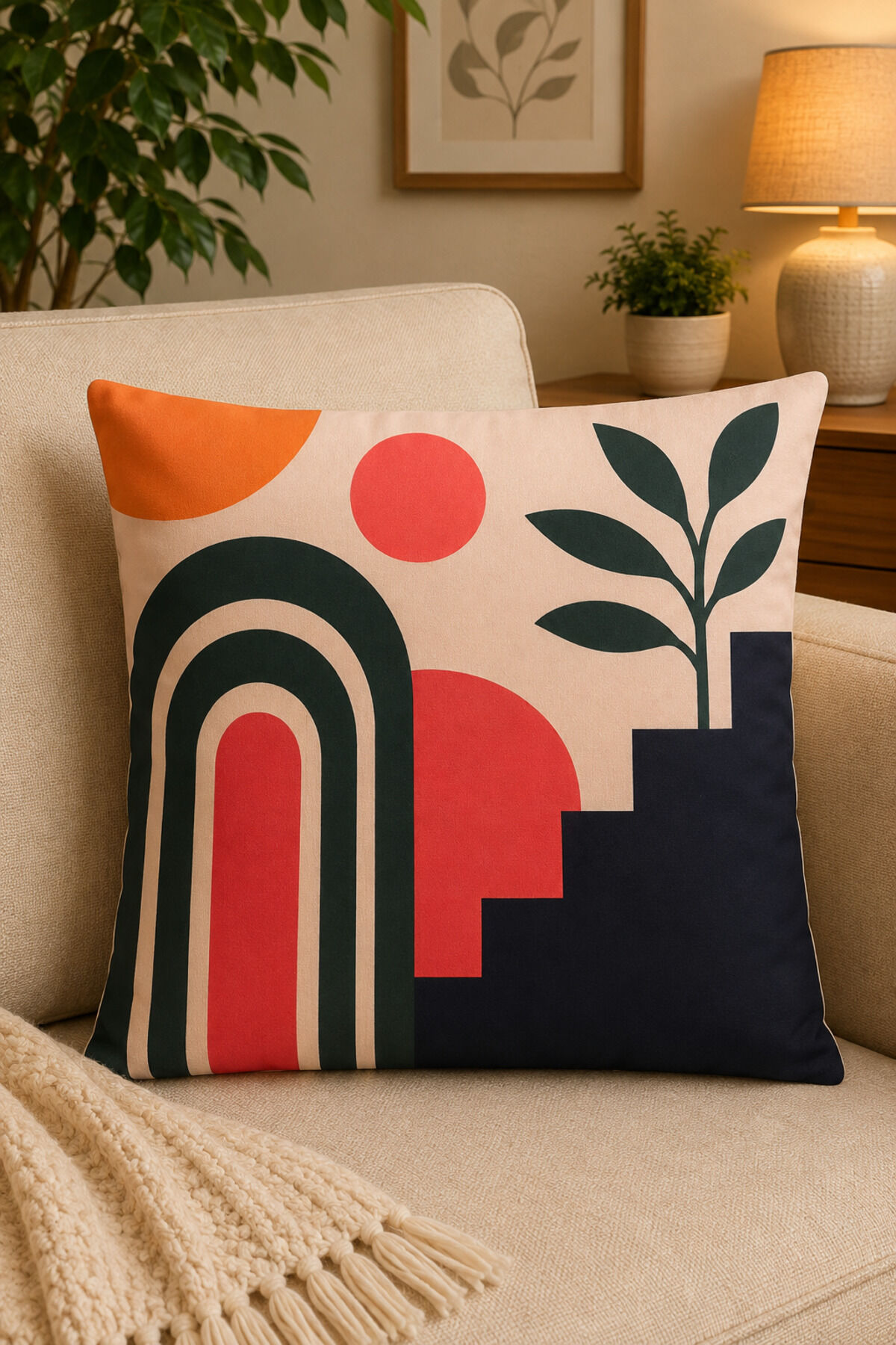 Dijital Baskılı Dekoratif Kırlent Kılıfı 43x43 cm – Modern Desenli Keten Dokulu Bej43