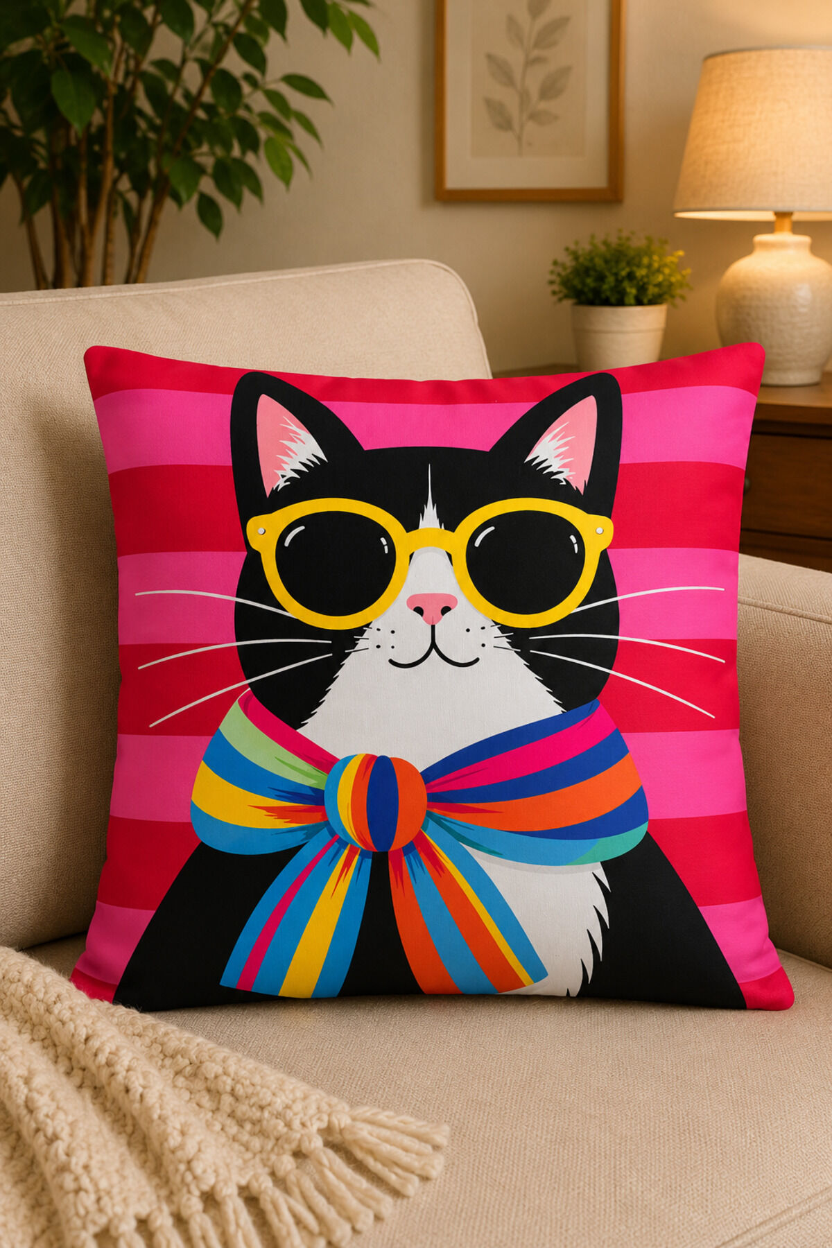 Dijital Baskılı Dekoratif Kırlent Kılıfı 43x43 cm – Modern Desenli Keten Dokulu Bej42