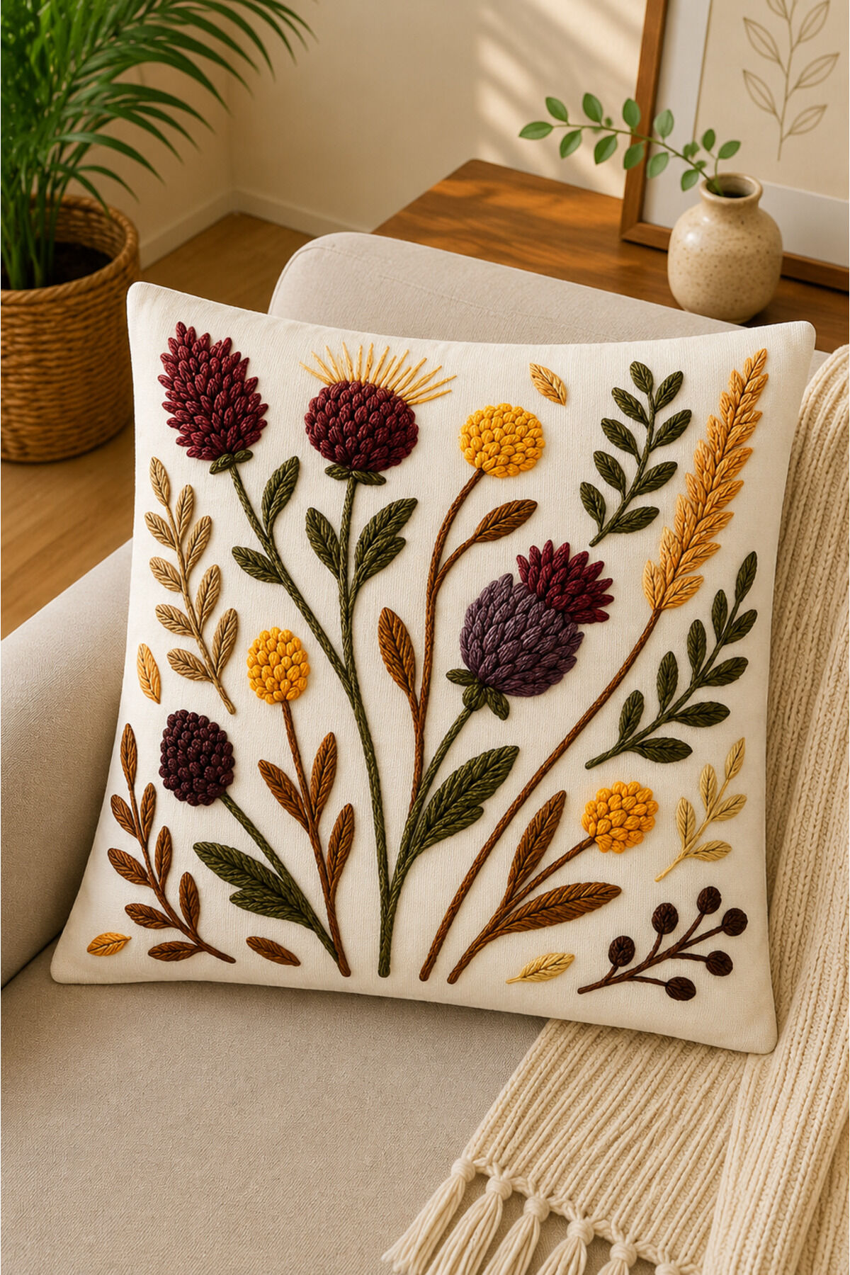 Dijital Baskılı Dekoratif Kırlent Kılıfı 43x43 cm – Modern Desenli Keten Dokulu Bej21