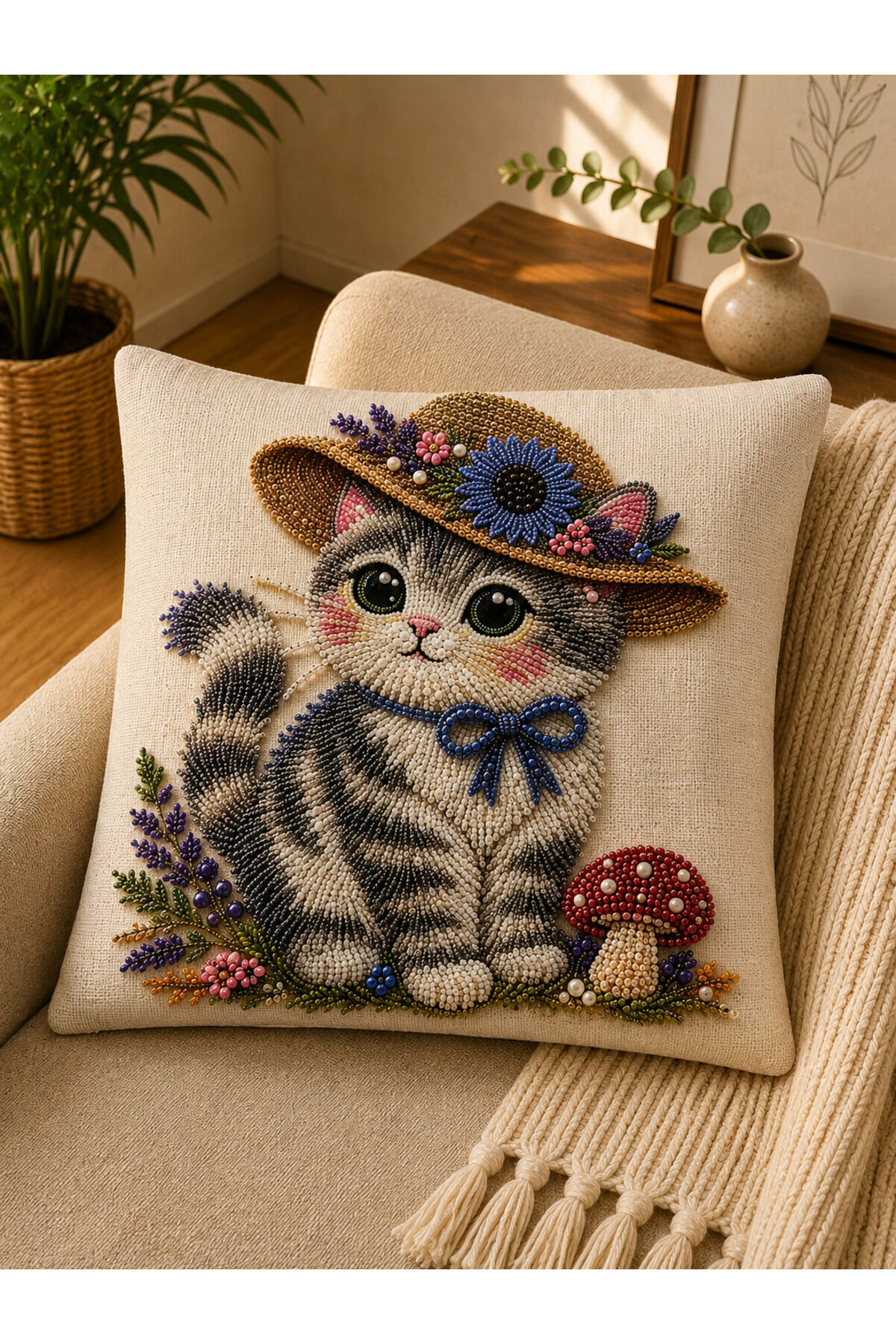 Dijital Baskılı Dekoratif Kırlent Kılıfı 43x43 cm – Modern Desenli Keten Dokulu Bej22
