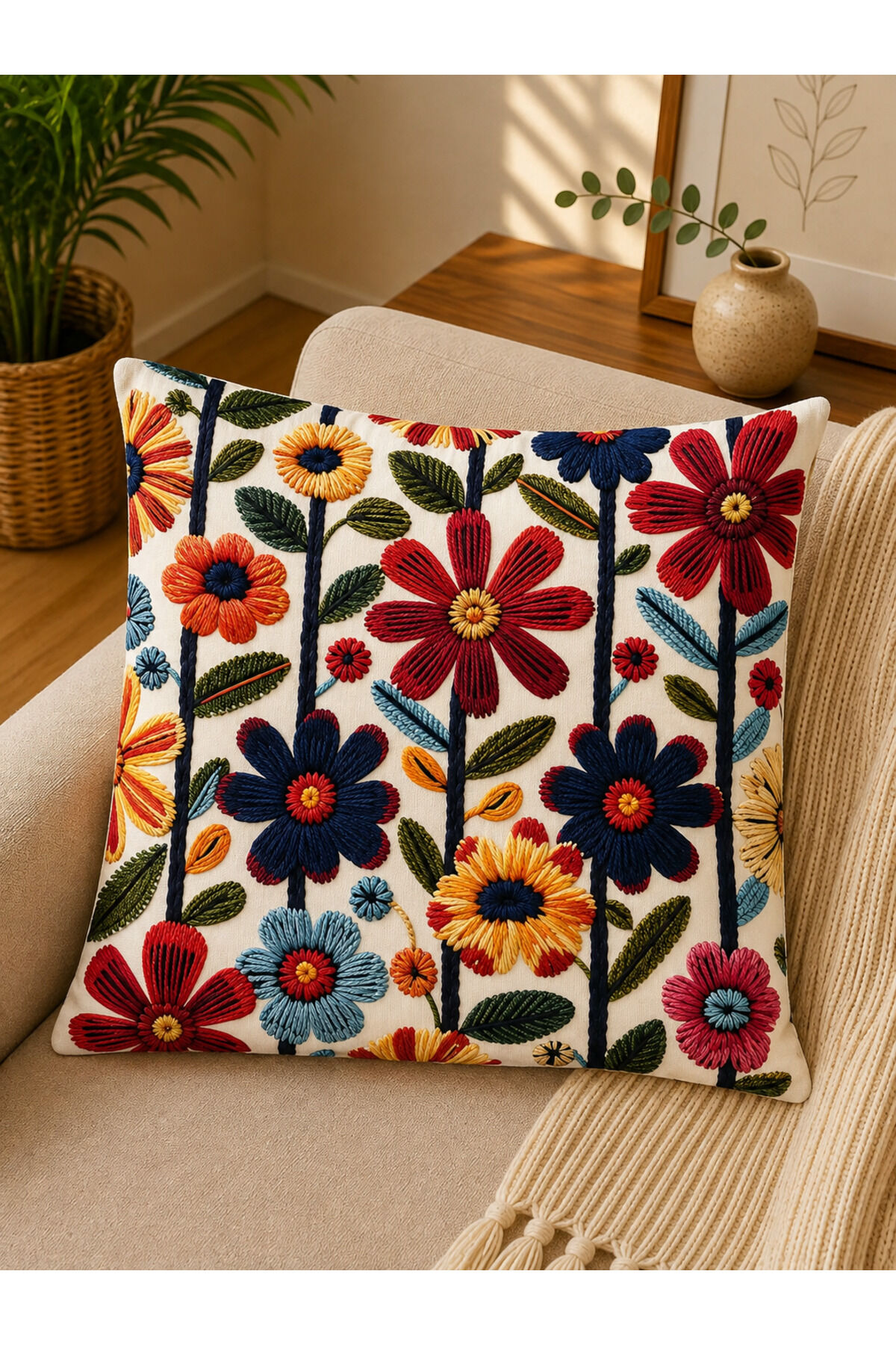 Dijital Baskılı Dekoratif Kırlent Kılıfı 43x43 cm – Modern Desenli Keten Dokulu Bej30