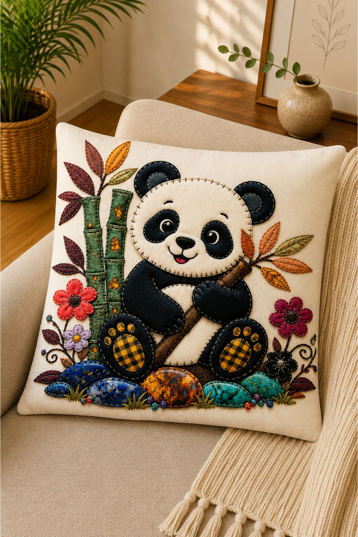 Dijital Baskılı Dekoratif Kırlent Kılıfı 43x43 cm – Modern Desenli Keten Dokulu Bej29