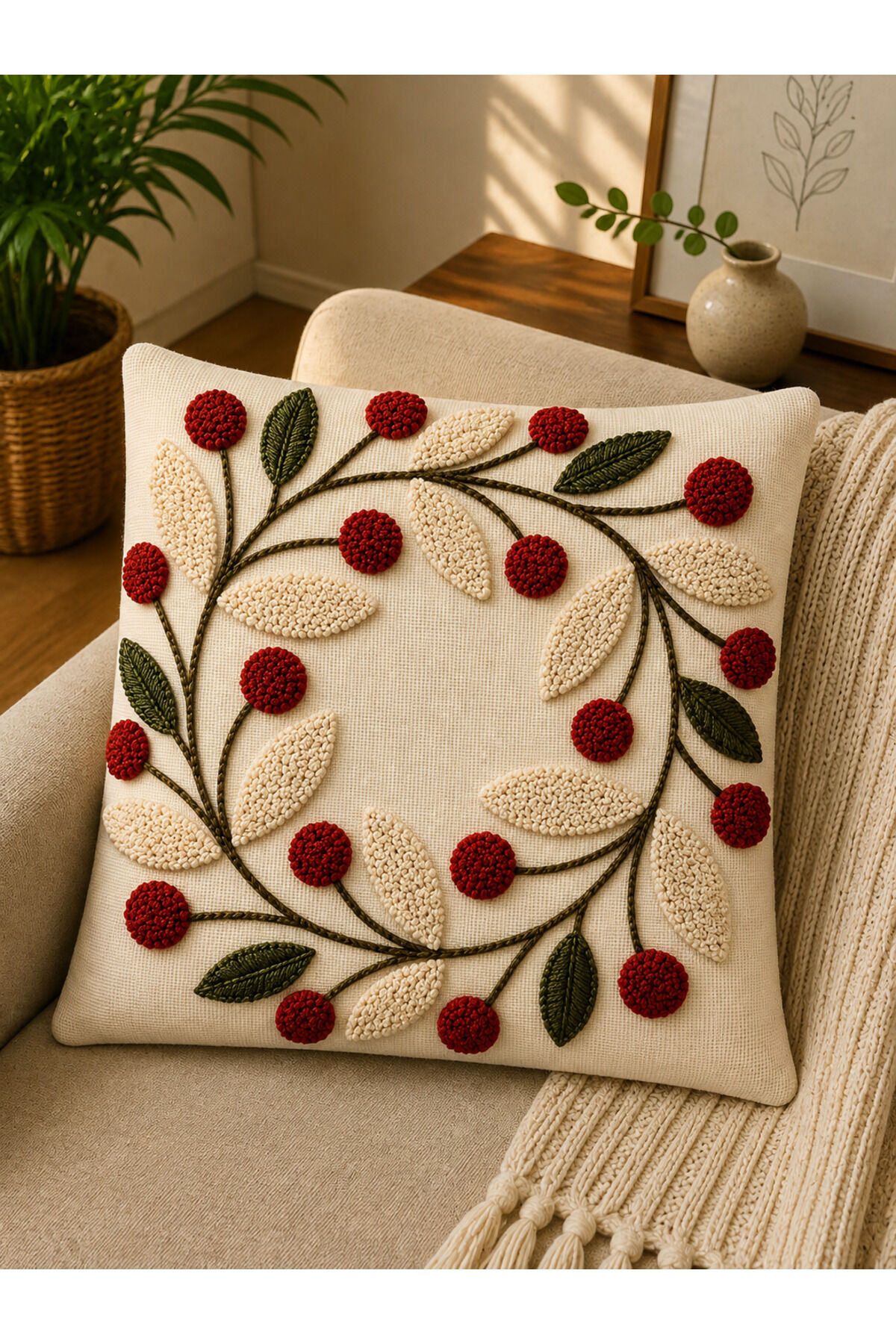 Dijital Baskılı Dekoratif Kırlent Kılıfı 43x43 cm – Modern Desenli Keten Dokulu Bej28