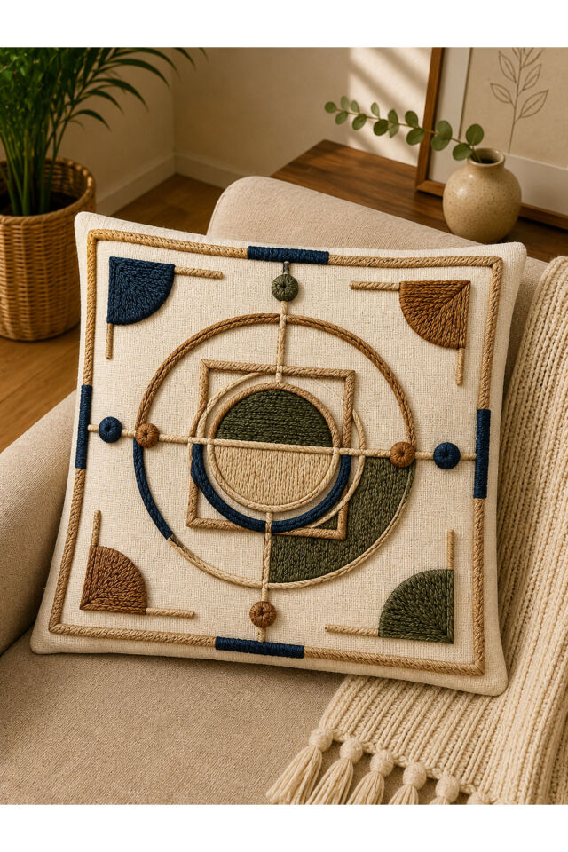 Dijital Baskılı Dekoratif Kırlent Kılıfı 43x43 cm – Modern Desenli Keten Dokulu Bej24