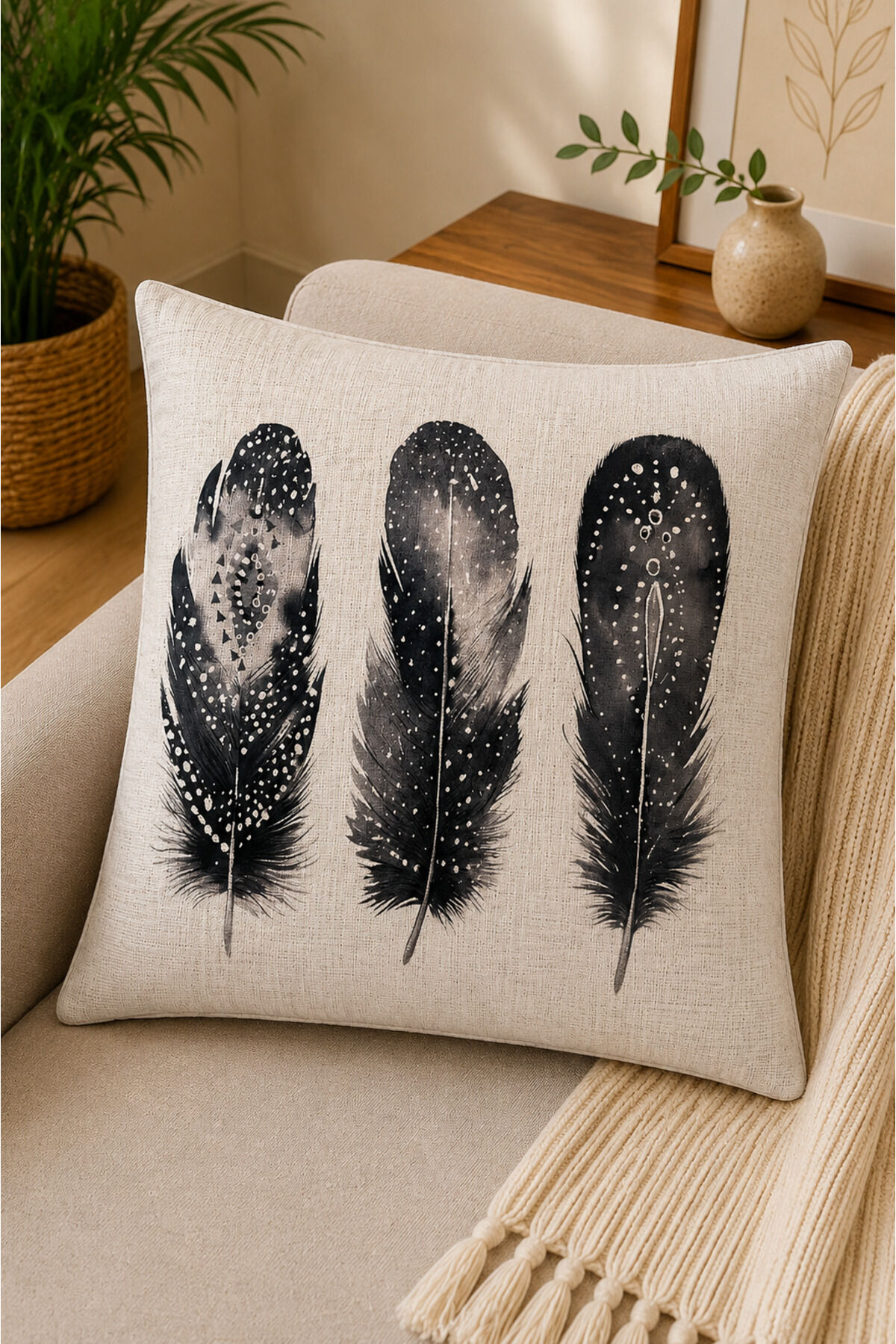 Dijital Baskılı Dekoratif Kırlent Kılıfı 43x43 cm – Modern Desenli Keten Dokulu Bej19