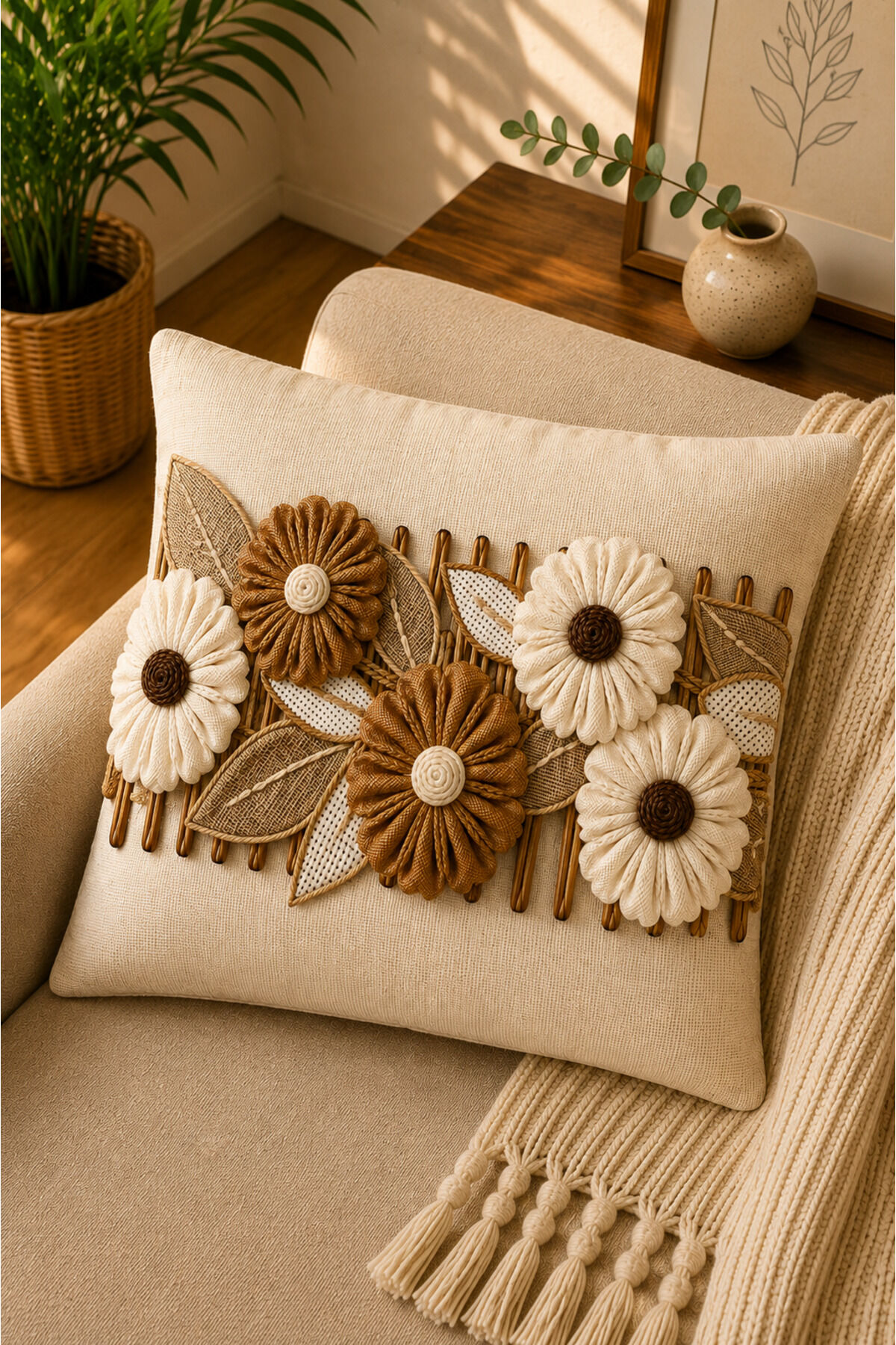 Dijital Baskılı Dekoratif Kırlent Kılıfı 43x43 cm – Modern Desenli Keten Dokulu Bej27
