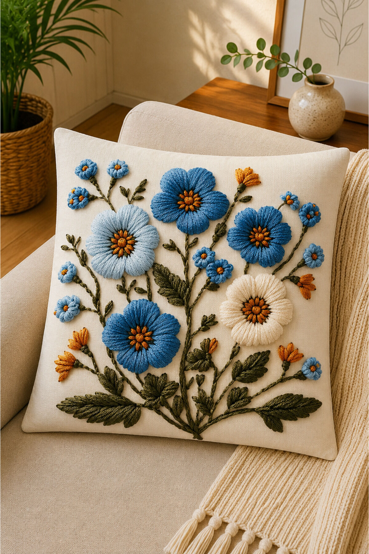 Dijital Baskılı Dekoratif Kırlent Kılıfı 43x43 cm – Modern Desenli Keten Dokulu Bej23