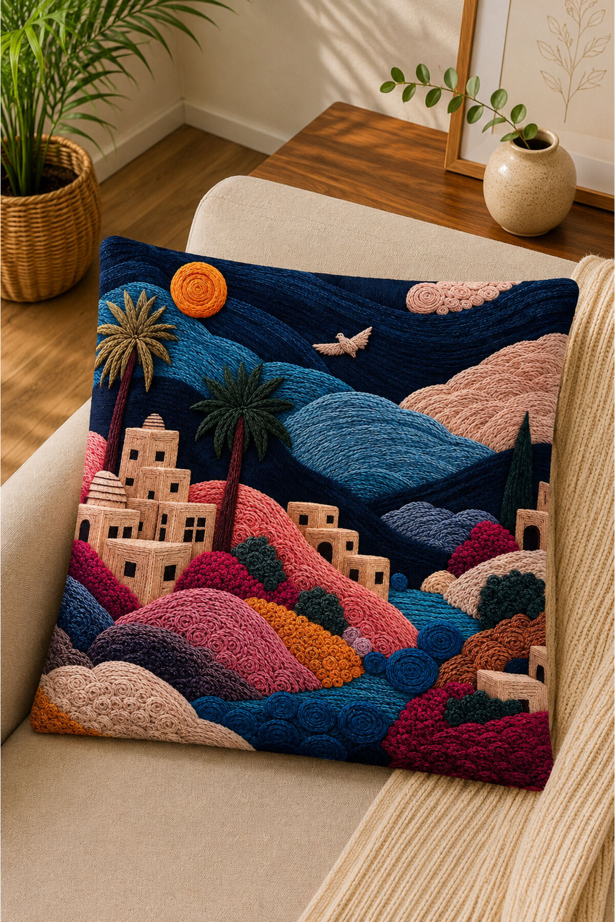 Dijital Baskılı Dekoratif Kırlent Kılıfı 43x43 cm – Modern Desenli Keten Dokulu Bej20
