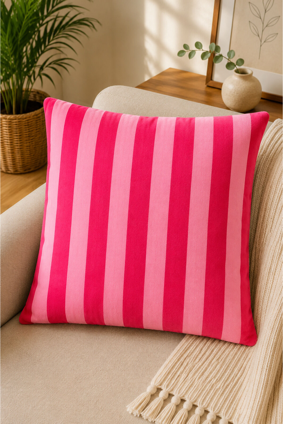 Dijital Baskılı Dekoratif Kırlent Kılıfı 43x43 cm – Modern Desenli Keten Dokulu Bej10