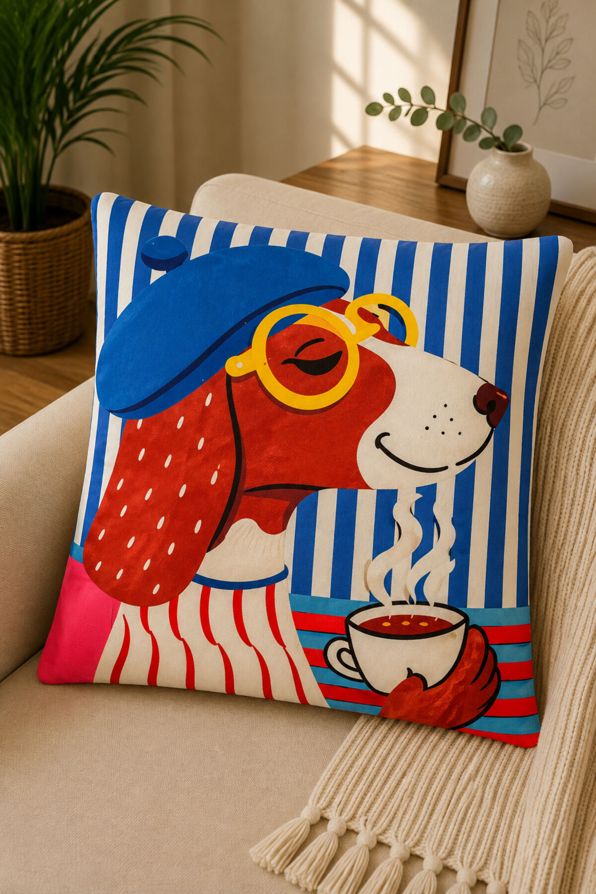 Dijital Baskılı Dekoratif Kırlent Kılıfı 43x43 cm – Modern Desenli Keten Dokulu Bej11