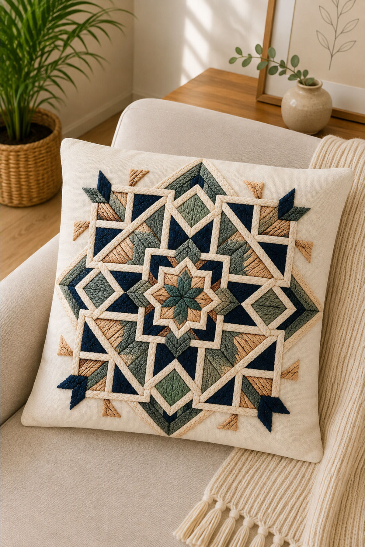 Dijital Baskılı Dekoratif Kırlent Kılıfı 43x43 cm – Modern Desenli Keten Dokulu Bej4