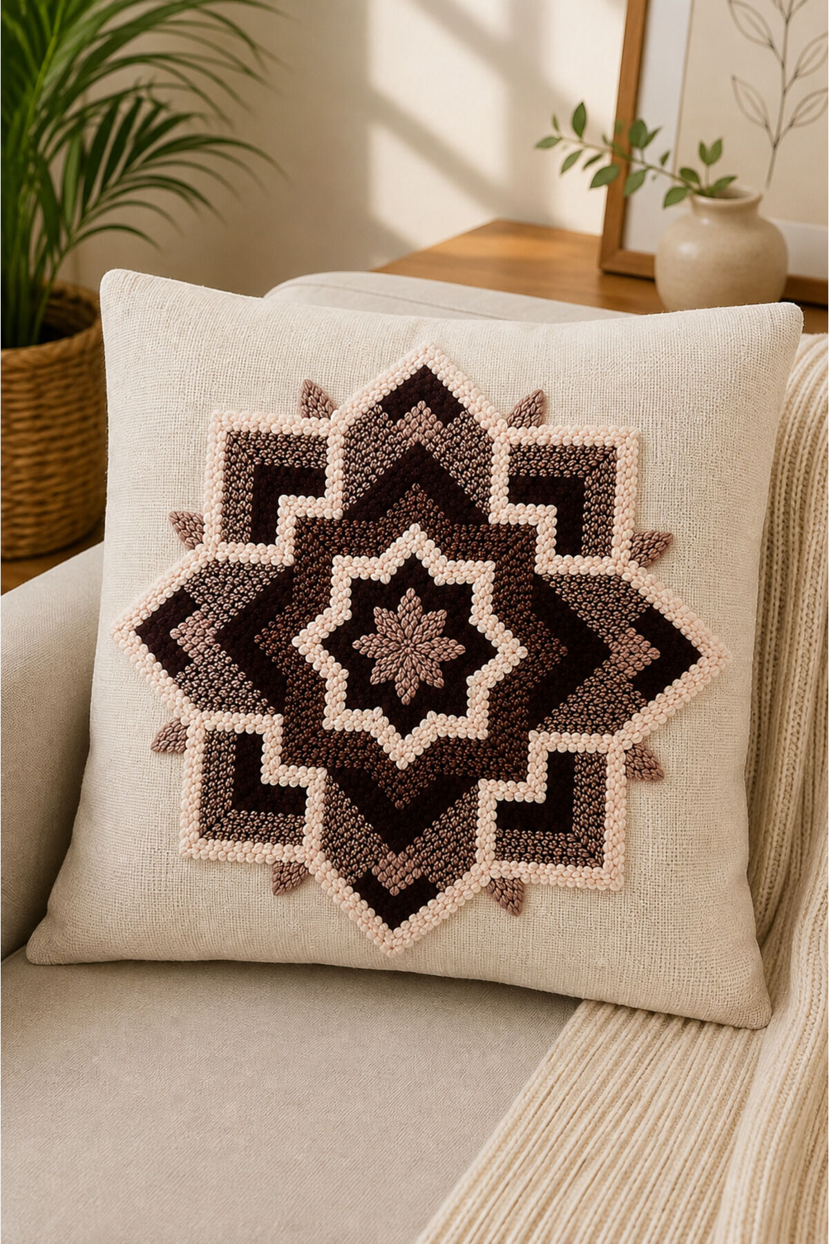 Dijital Baskılı Dekoratif Kırlent Kılıfı 43x43 cm – Modern Desenli Keten Dokulu Bej2