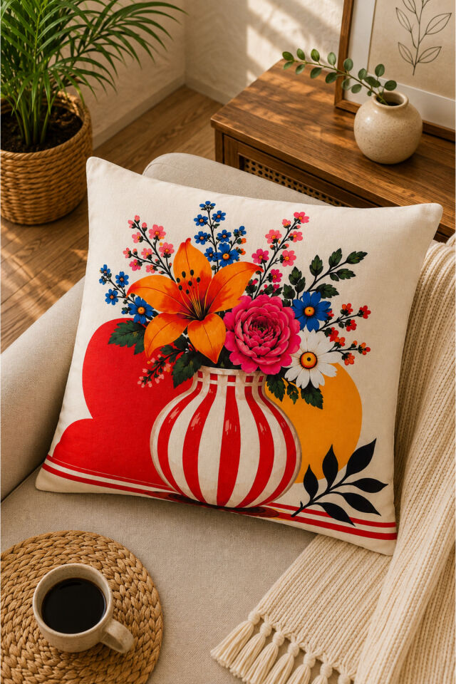 Dijital Baskılı Dekoratif Kırlent Kılıfı 43x43 cm – Modern Desenli Keten Dokulu Bej6