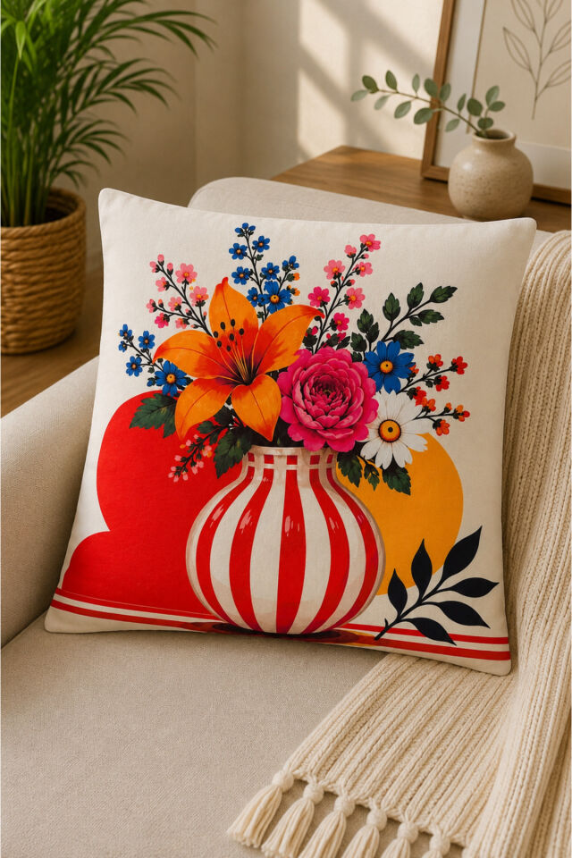 Dijital Baskılı Dekoratif Kırlent Kılıfı 43x43 cm – Modern Desenli Keten Dokulu Bej6