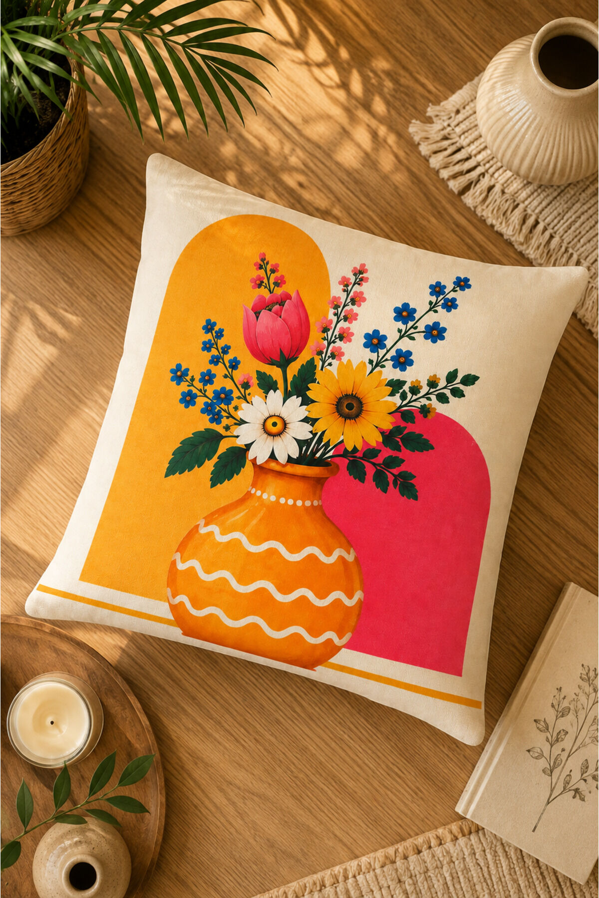 Dijital Baskılı Dekoratif Kırlent Kılıfı 43x43 cm – Modern Desenli Keten Dokulu Bej9