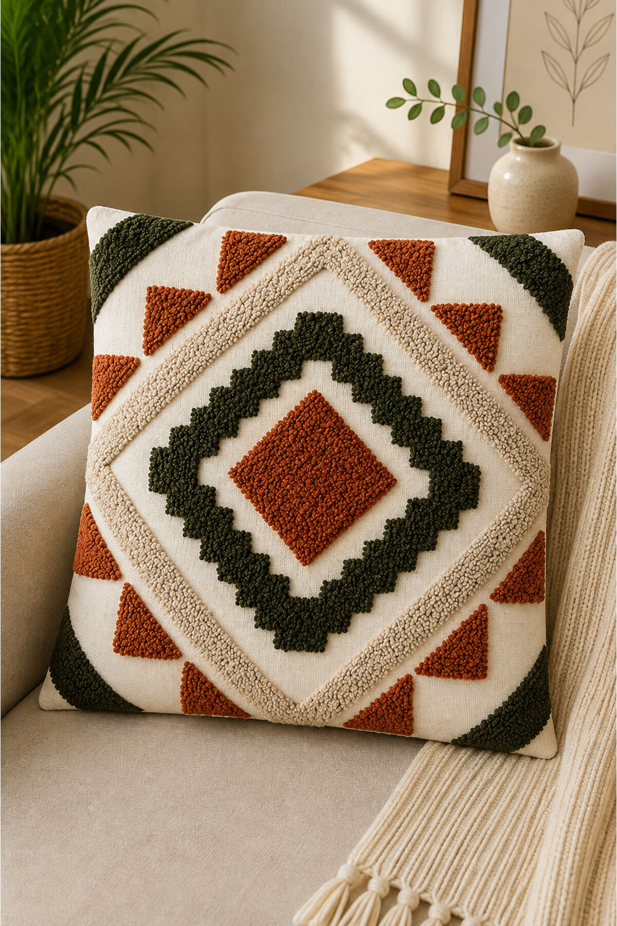 Dijital Baskılı Dekoratif Kırlent Kılıfı 43x43 cm – Modern Desenli Keten Dokulu Bej7