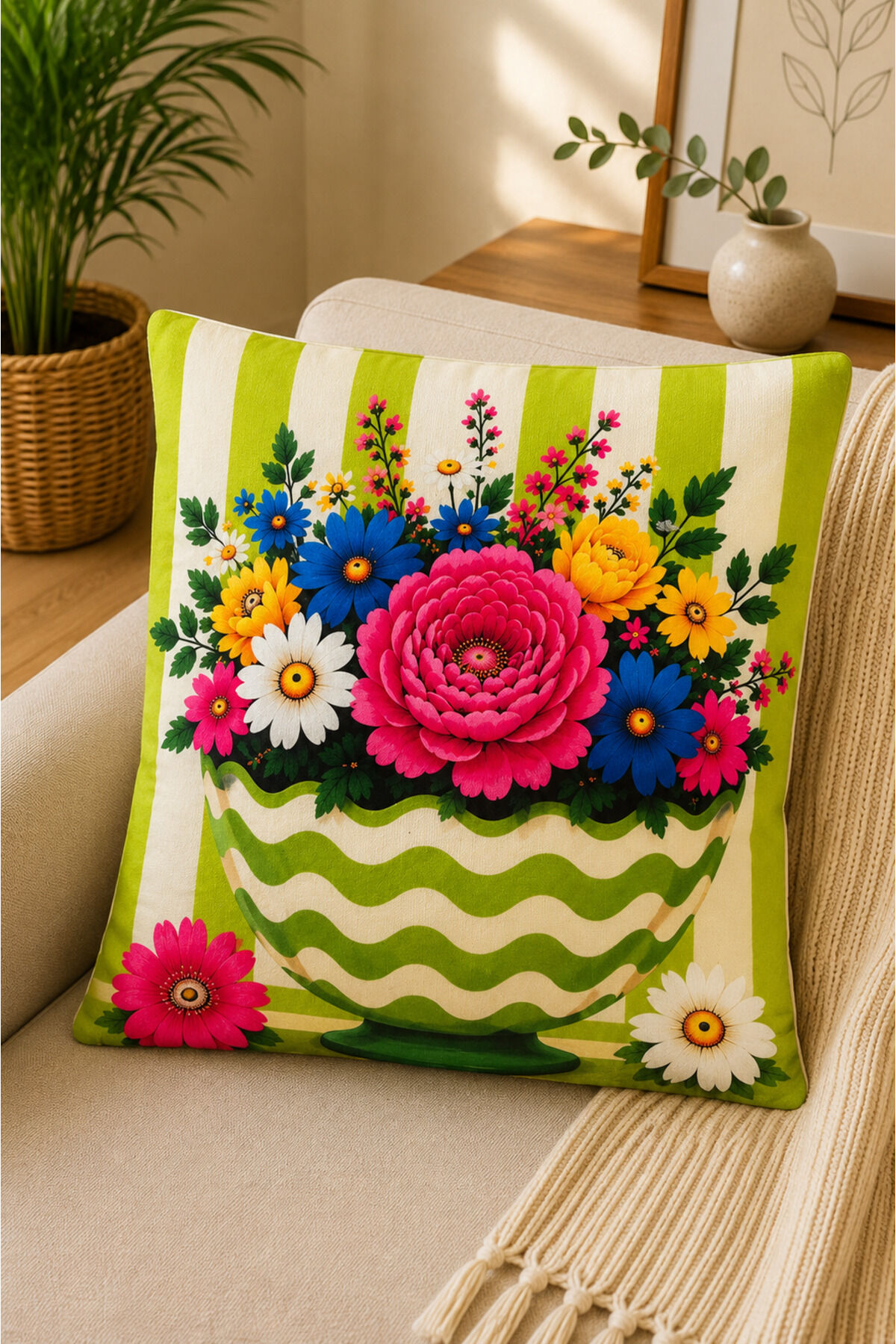 Dijital Baskılı Dekoratif Kırlent Kılıfı 43x43 cm – Modern Desenli Keten Dokulu Bej8