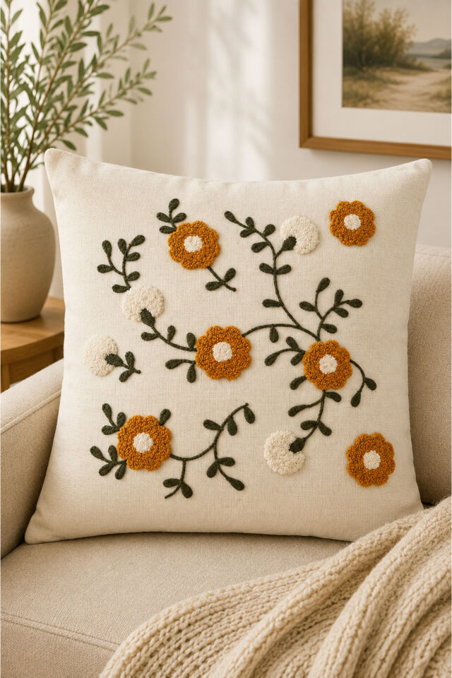 4’lü Punch Kırlent Kılıfı Seti 43x43 cm – Keten Kumaş Dekoratif Koltuk Kırlenti Bej2