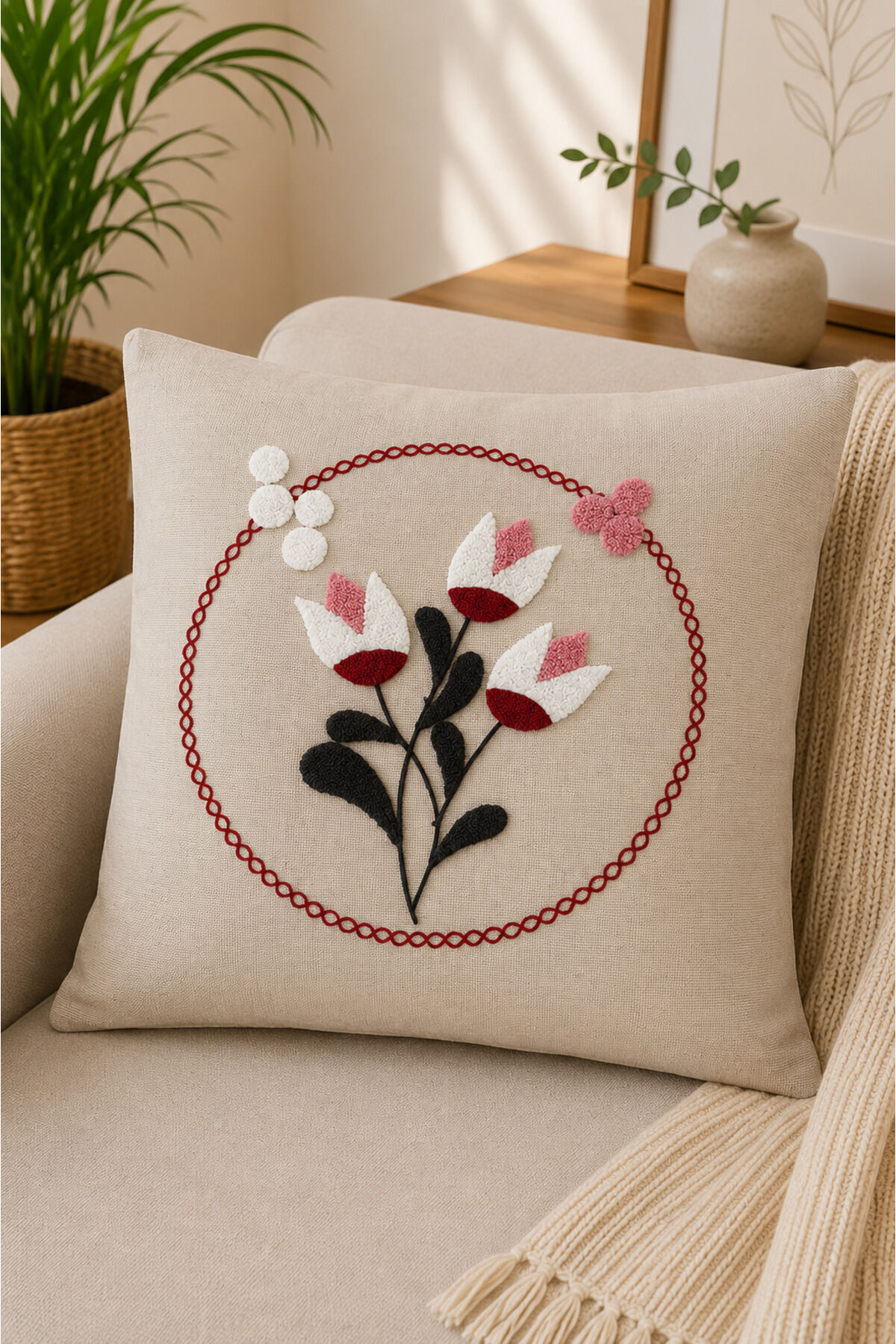 Dekoratif Punch Kırlent Kılıfı Keten Kumaş Gizli Fermuarlı 43x43 Bej27