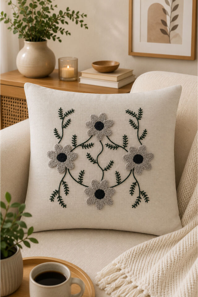 Dekoratif Punch Kırlent Kılıfı Keten Kumaş Gizli Fermuarlı 43x43 Ekru25