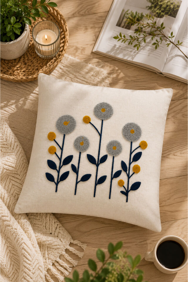 Dekoratif Punch Kırlent Kılıfı Keten Kumaş Gizli Fermuarlı 43x43 Ekru26