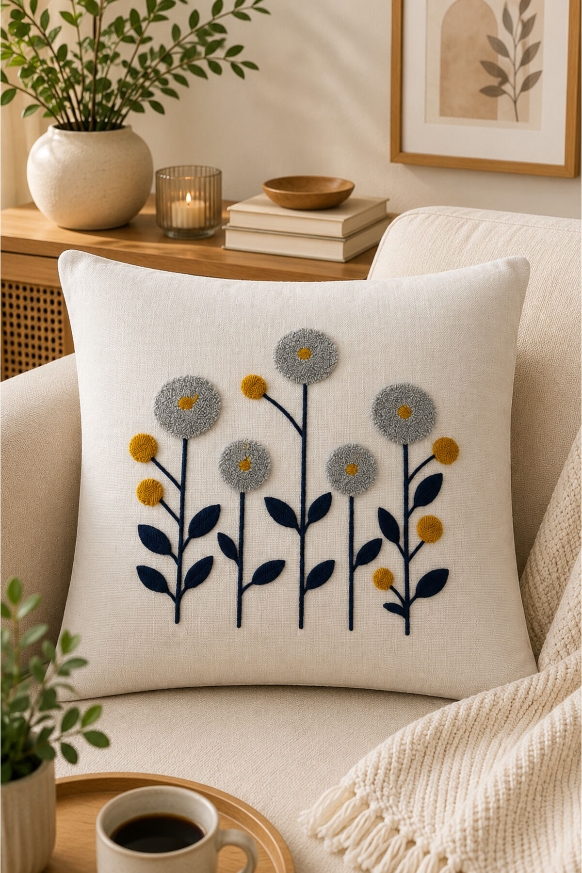 Dekoratif Punch Kırlent Kılıfı Keten Kumaş Gizli Fermuarlı 43x43 Ekru26
