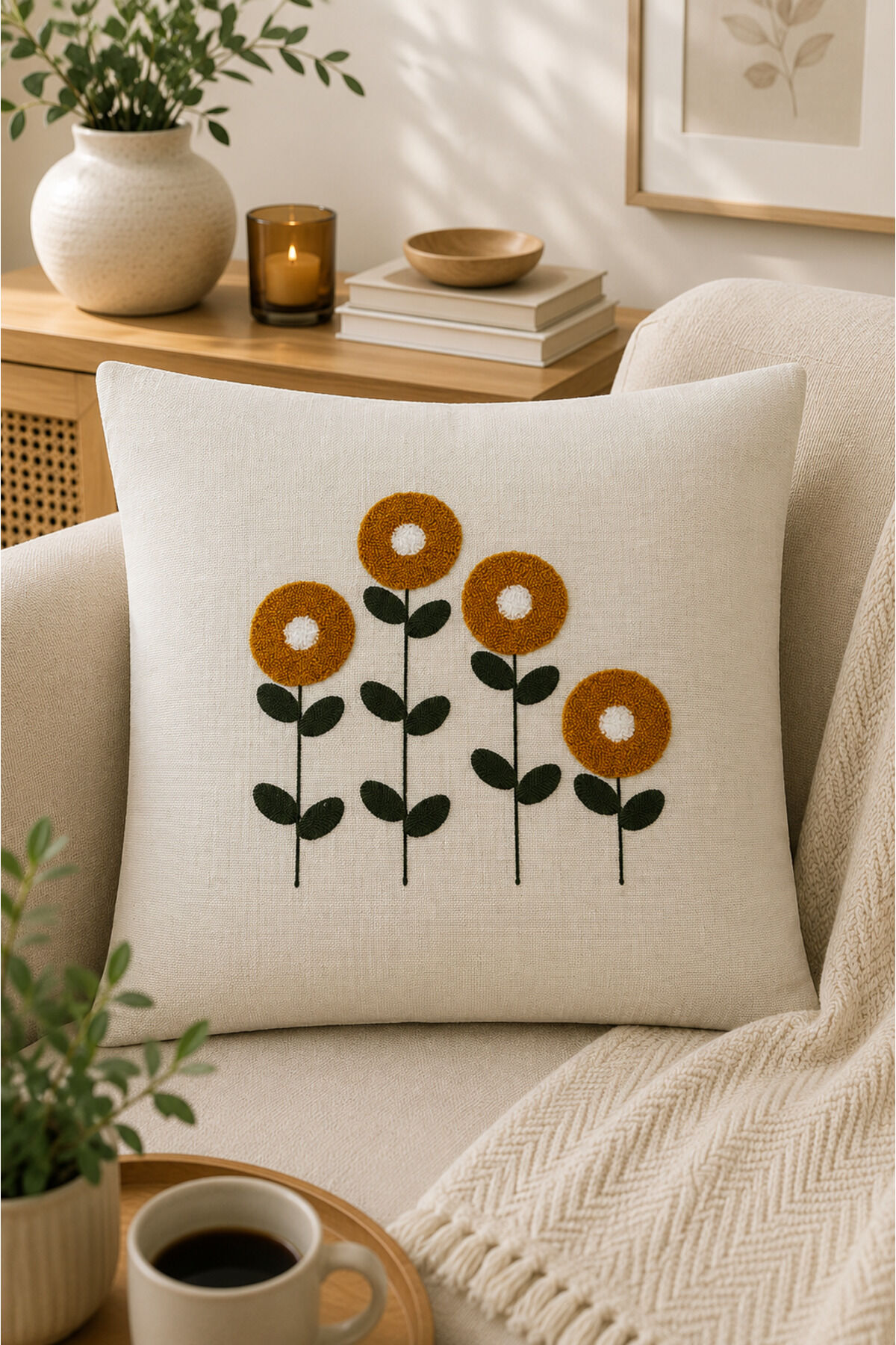 Dekoratif Punch Kırlent Kılıfı Keten Kumaş Gizli Fermuarlı 43x43 Ekru23