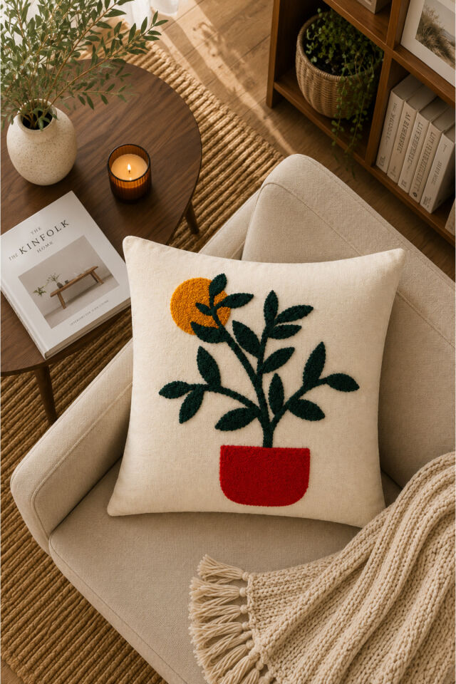 Dekoratif Punch Kırlent Kılıfı Keten Kumaş Gizli Fermuarlı 43x43 Ekru19