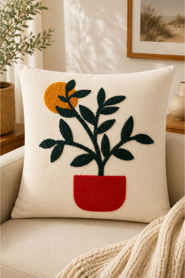 Dekoratif Punch Kırlent Kılıfı Keten Kumaş Gizli Fermuarlı 43x43 Ekru19